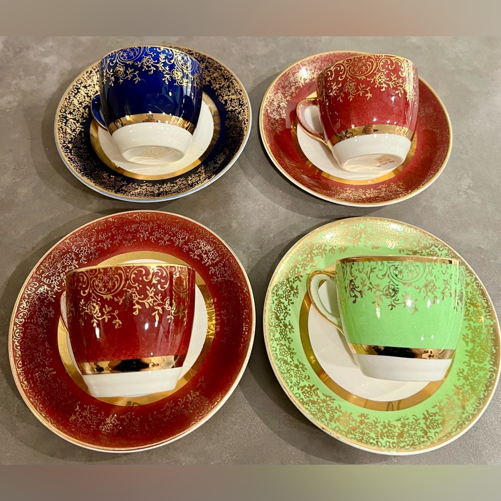 Vintage Aristocrat Salem China Co (Set Of 4) 23K Trim Expresso/Coffee/Tea 40-60s